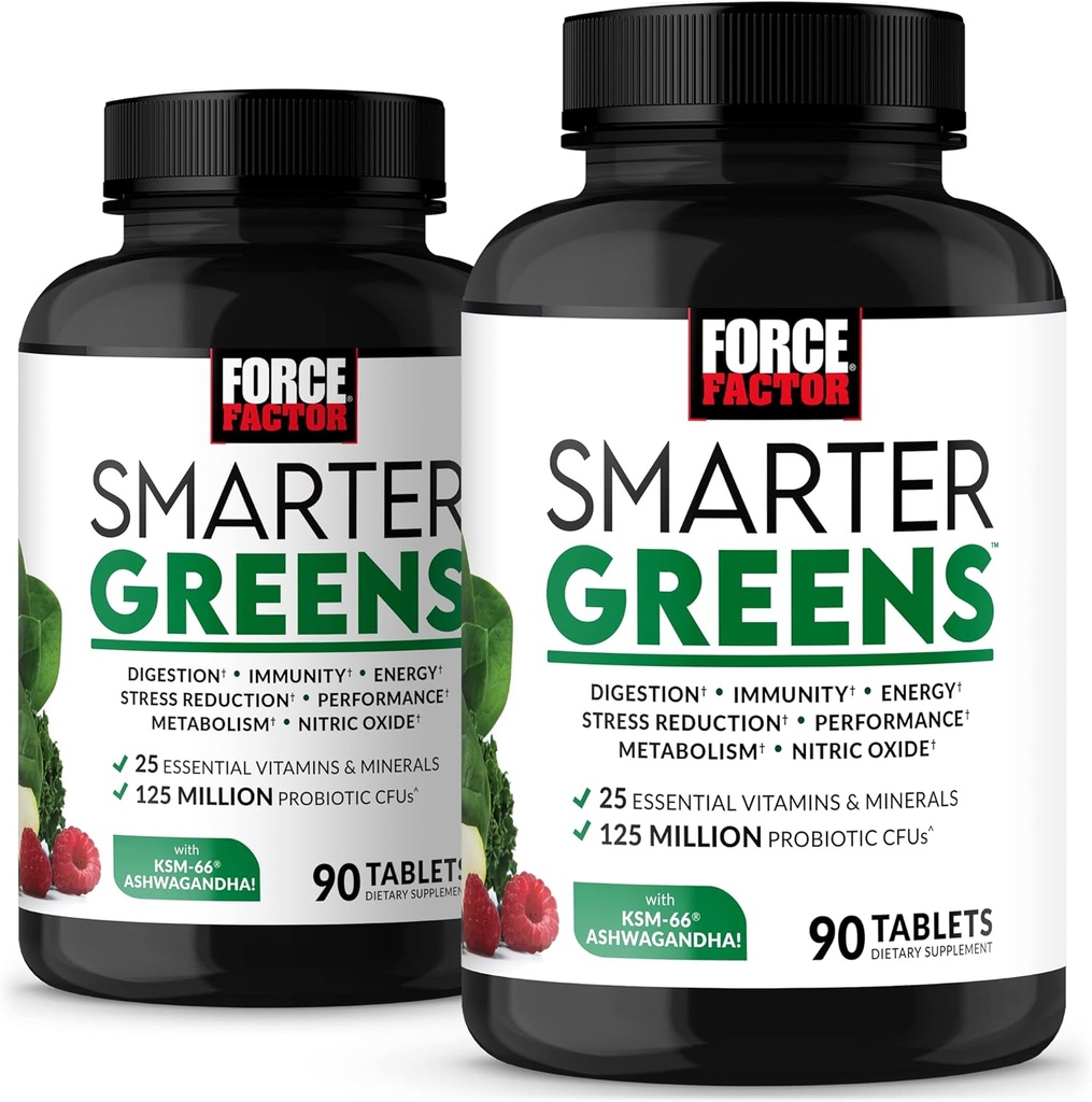 FORCE FACTOR Smarter Greens Tablets, 2-Pack, Greens Supplement with 25+ Superfoods and Antioxidants to Improve Digestion, Reduce Stress, Strengthen Immunity, and Support Metabolism, 180 Tablets