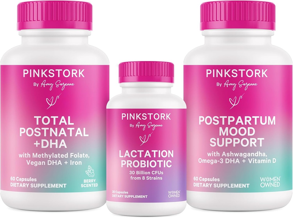 Pink Stork Nová mama Nevyhnutnosti Bundle: Postnatálny vitamín s DHA a kyseliny listovej, Laktácia Probiotikum na materské mlieko + Imunitná podpora, Postpartum Mood + Hormone Support, Postpartum Essentials