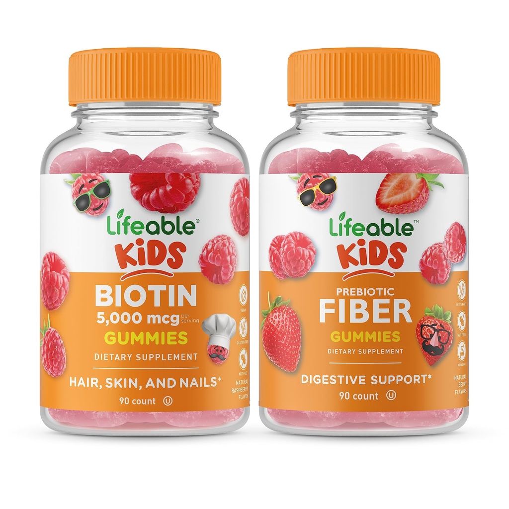 Životaschopné biotín Deti + Prebiotické Fiber Kids, Gummies Bundle - Veľké ochutnávky, vitamínové doplnky, bez lepku, bez GMO, Žuvacia Gummy
