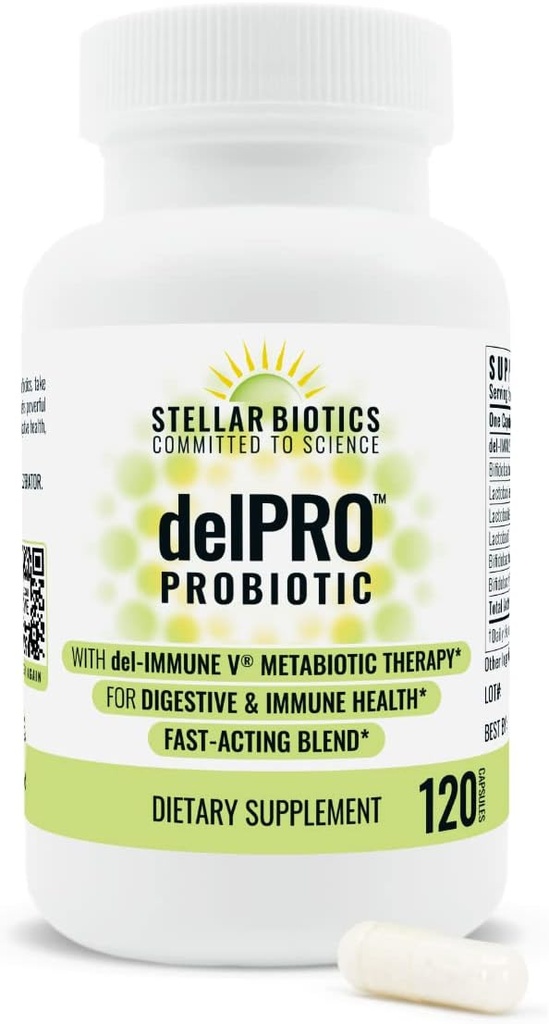 Del-Immune V® + Delpro Probiotic & Prebiotic Blend by Stellar Biotics - Podporuje optimálne zdravie Gut, trávenie, imunitnú podporu a mod (120 kapsúl)