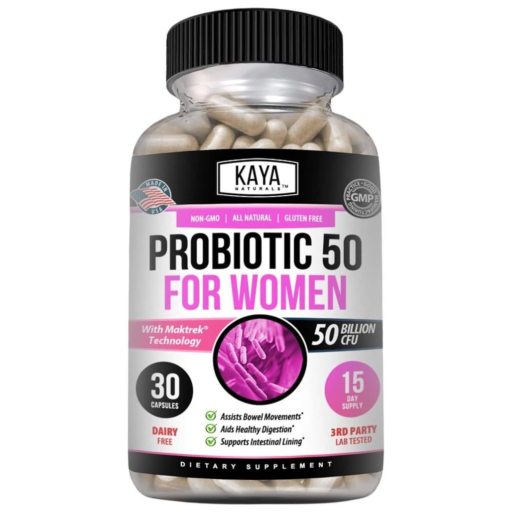 Kaya Naturals Probiotic 50 miliárd CFU - Probiotiká pre ženy, Probiotiká pre mužov a dospelých, Prírodné - Gut Health & Immune Support - Poskytuje podporu pri trávení - 30 Rastlinné kapsule
