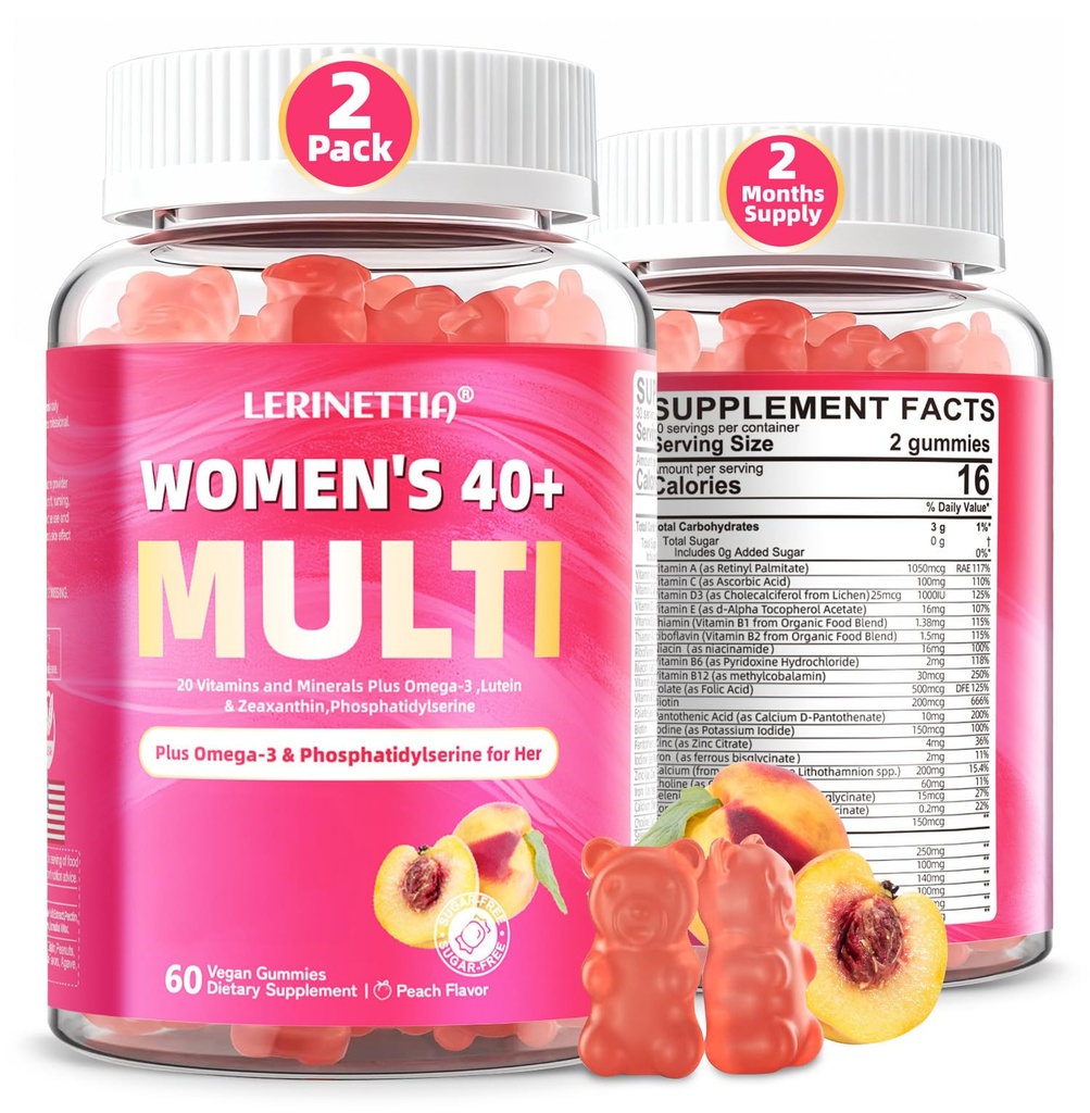 Multivitamín pre ženy Gumičky pre 40+ s Omega-3, niacínamidom, B-komplexom, luteínom, železom, cholínom, fosforatidylserínom, vitamínom D3 pre pokožku, vlasy, energiu, imunitu, kosť - vegán, bez cukru, 120Cts