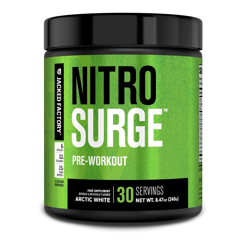 Jacked Factory NITROSURGE Pre Cvičenie Supplement - Nekonečná energia, okamžitá sila získava, jasné zameranie, intenzívne čerpadlá - NO Booster & Výkonný preworkout Energy Powder - 30 Slúži, Arktická biela