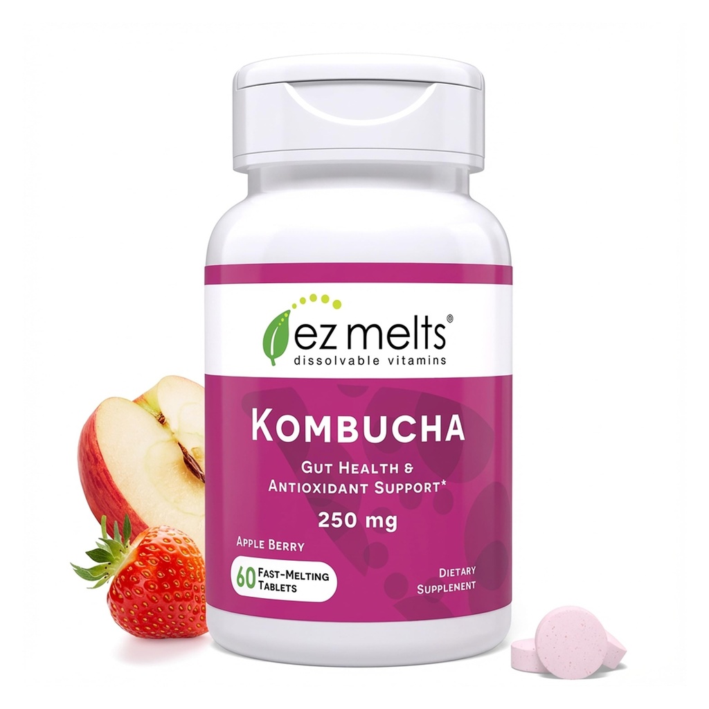 EZ Melts Dissolvable Cukor-free Kombucha Tablety s SCOBY & Apple Cider Ocogar, Gut Health Supplements for Men & Women, Apple Berry Flavor, 2-Month Supply - 1 balenie