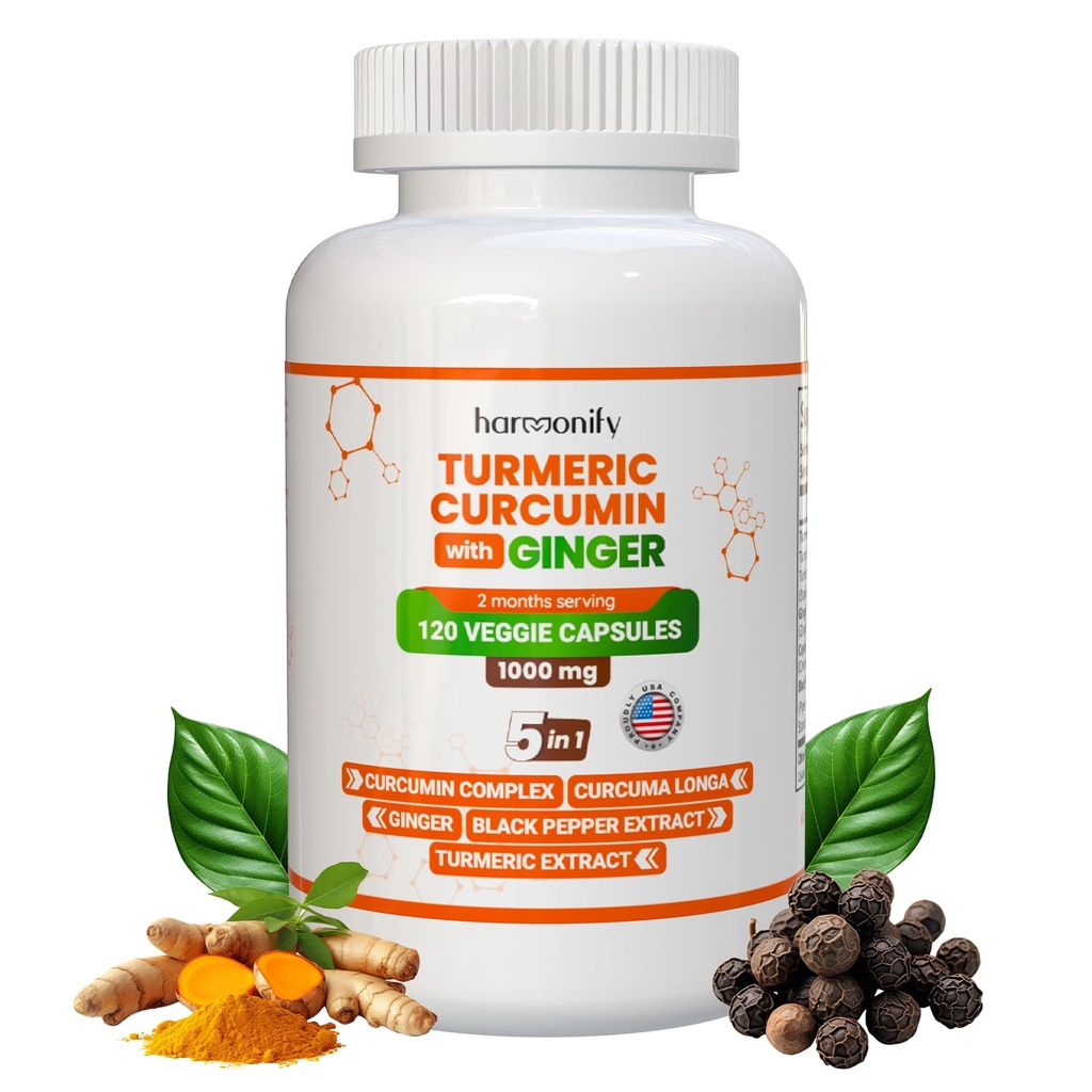 Turmerica Curcumin Supplement with Ginger, Ceylon škorica a Black Pepper Complex 5 in 1 Formula, Curcuma Longa, Max Absorbtion, 1000 mg, 120 Rastlinné extrakt kapsuly