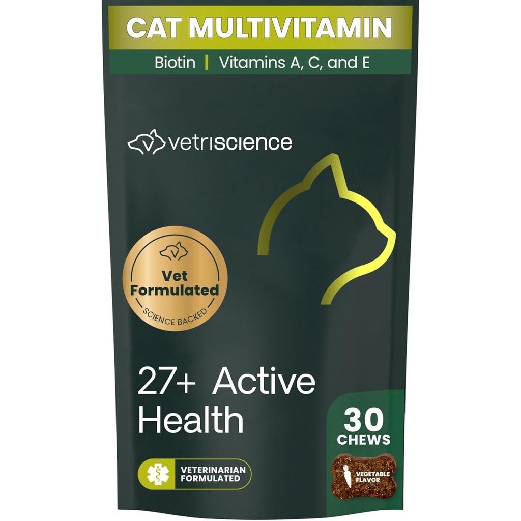 VetriScience 27+ Active Health Chews, Nu Cat Daily Multivitamín pre mačky a mačky, vyvážené vitamíny, minerály a antioxidanty, Zdravie a Wellness Podpora, Ryby, 30 Počet