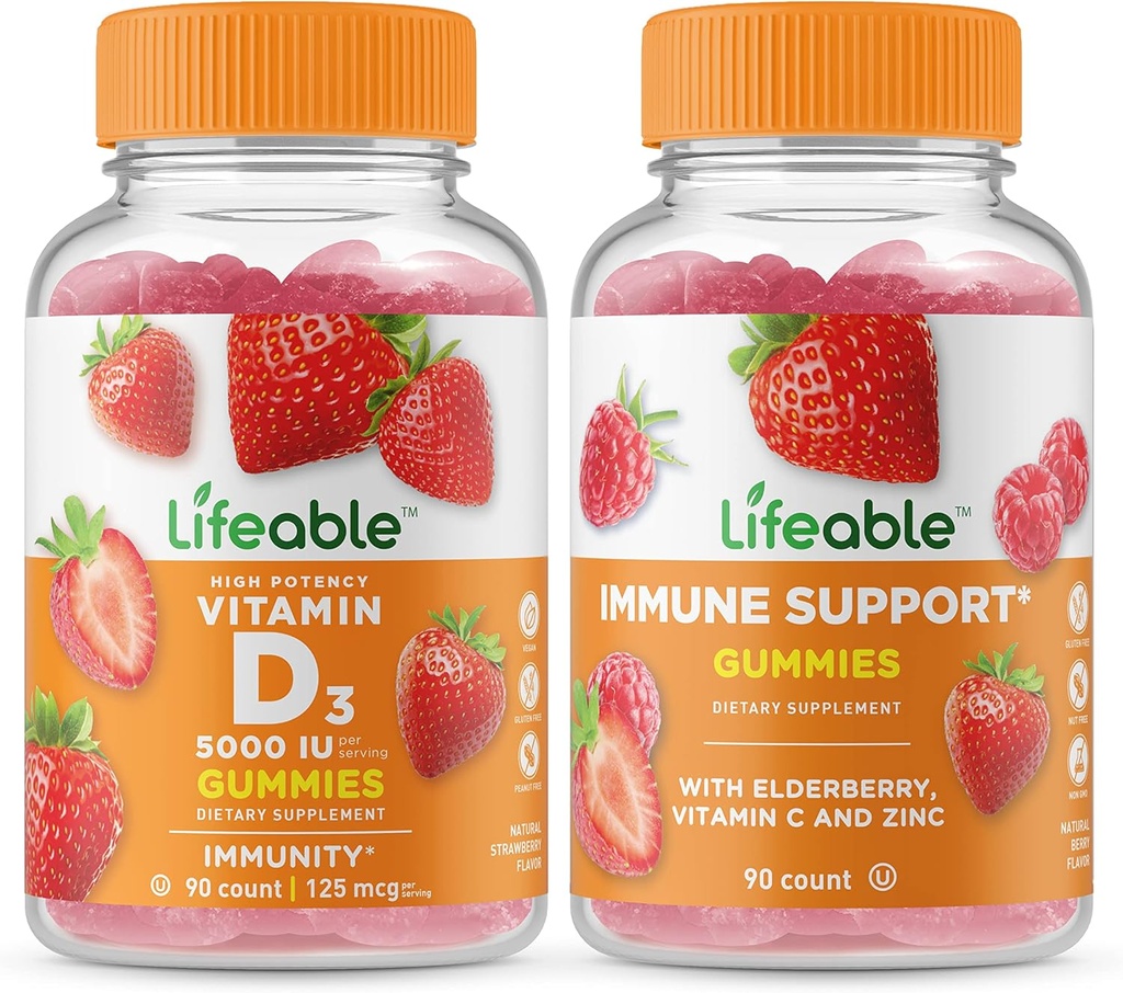 Životaschopný vitamín D 5000 IU + Imunitná podpora, Gummies Bundle - veľké ochutnávky, vitamínové doplnky, bez lepidla, bez GMO, Žuvacia Gummy