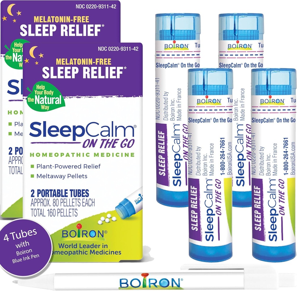 Boiron SleepCalm na Go Sleep Aid pre hlboké, relaxačné, Restful Nighttime spánok - Melatonin-free a Non Habit-Forming - 80 Počet na Tube - 4 Tuby s modrým perom
