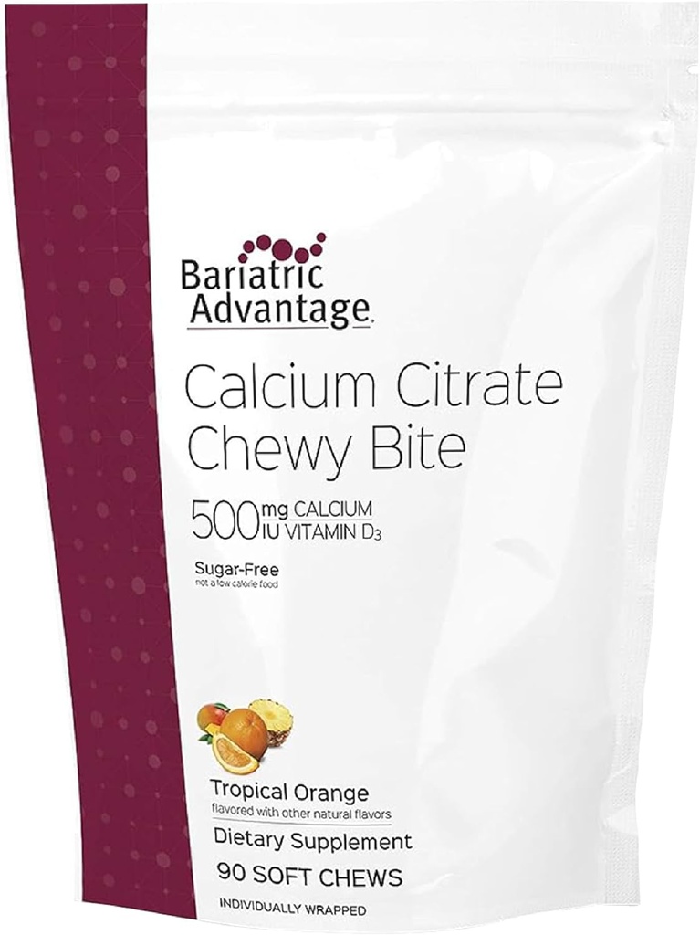 Bariatric Advantage Calcium Citrate Chewy Bites 500 mg - Highly Absorbable & Digestable - Vitamín D3 - Ľahko žuvacie kalcium doplnok - Tropical Orange - 90 Count