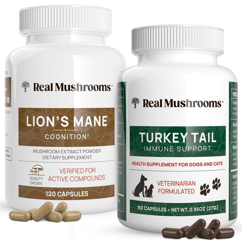 Real Huby Lions Mane for Humans (120ct) & Turkey chvost pre domáce zvieratá (90ct) - Bundle pre Kognition a imunita - Vegan, Non-GMO, Grain-free, Gluten-free Mushrom Extract kapsule