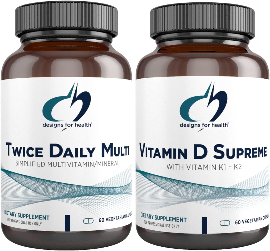 Dizajn pre Zdravie Multivitamín + Vitamín D/K Supplement Bundle - Dvakrát denne Multi (60 kapsúl) s vitamín D Supreme (60 kapsúl) 5000 IU Vitamín D3