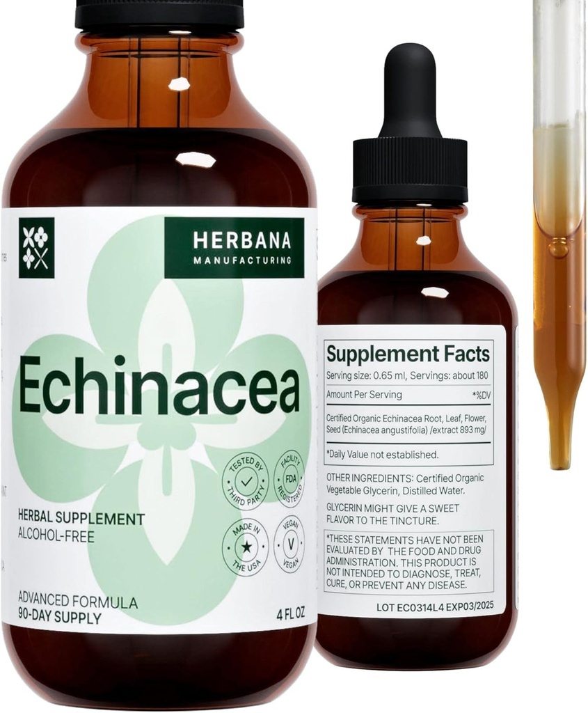 Echinacea 4 fl oz Liquid Extract - Organický Root, Leaf, Kvetina, Semeno - Prírodné bylinné doplnok - Telo, Imunitný systém Podpora Tinktúra - Vysoká potencia kvapky - 90-Deň dodávky - Rodinná veľkosť