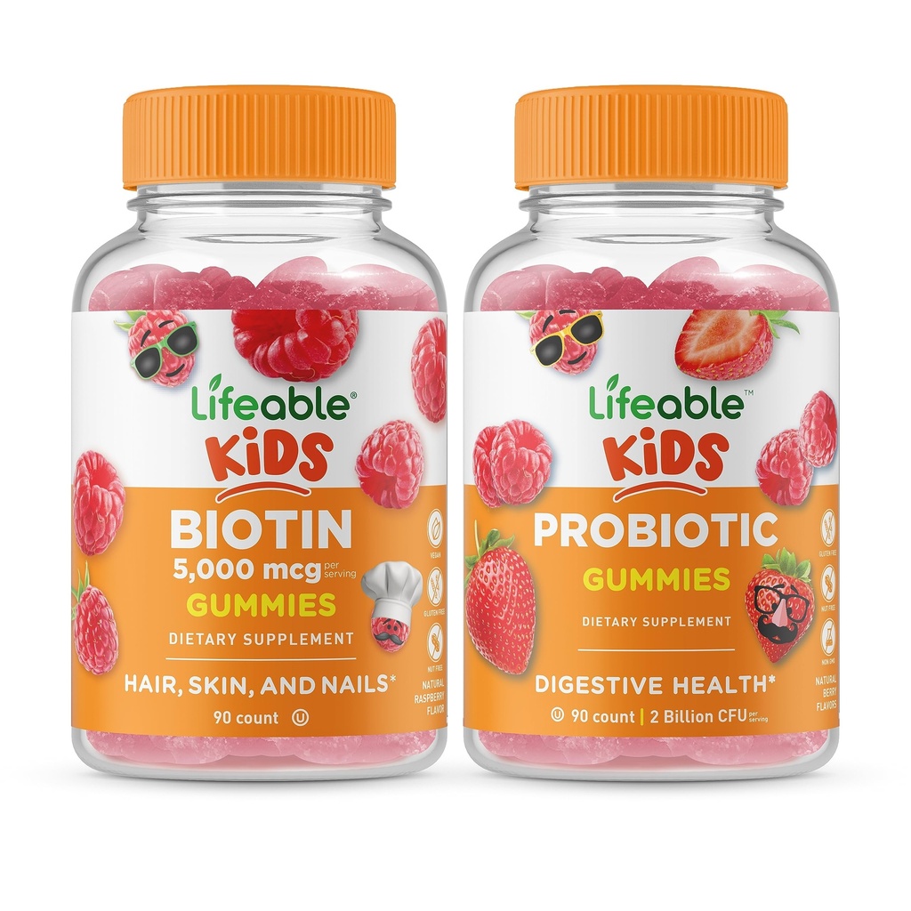 Životaschopné biotín deti + probiotikum 2 miliarda CFU deti, Gummies Bundle - veľké ochutnávky, vitamín doplnok, bez lepku, bez GMO, žuvacie Gummy