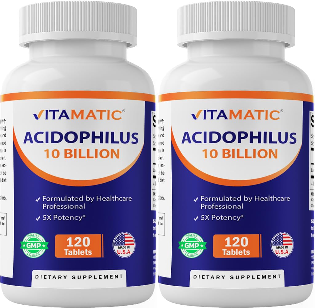 Vitamatic 2 Balíčky Acidophilus Probiotic - 10 miliárd CFU - 120 tabliet - 5X Potency - Daily Probiotic Supplement, Supports Digestive Health (Total 240 tabliet)