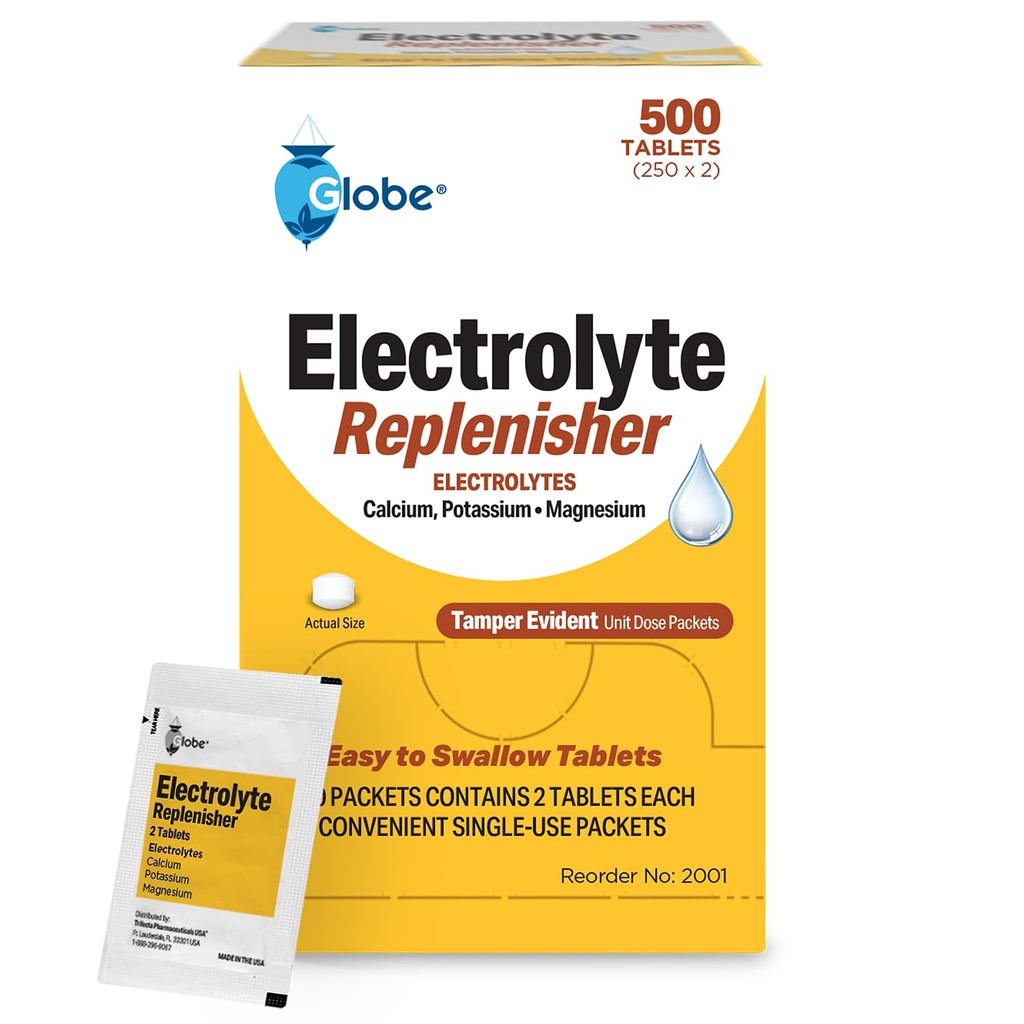 Globe Electrolyte Replacement Tablety pre rýchlu hydratáciu a zotavenie cvičenie (500 tabliet, 250 paketov z 2) pre športovcov, pešiu turistiku a športy, cestovné pakety s kľúčovými živinami pre optimálnu vytrvalosť