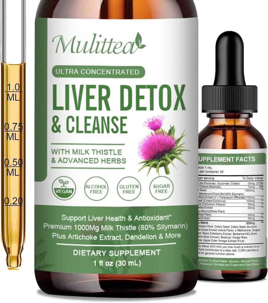 Pečeň Zdravie Tekuté kvapky -Podpora Pečeň čistí Detox a opravy s Artičokovým mliekom Thitle Silymarin Extract, Púpava, Turmerica, Berberine to Renew w/21 Potent Herb-Nutrients-
