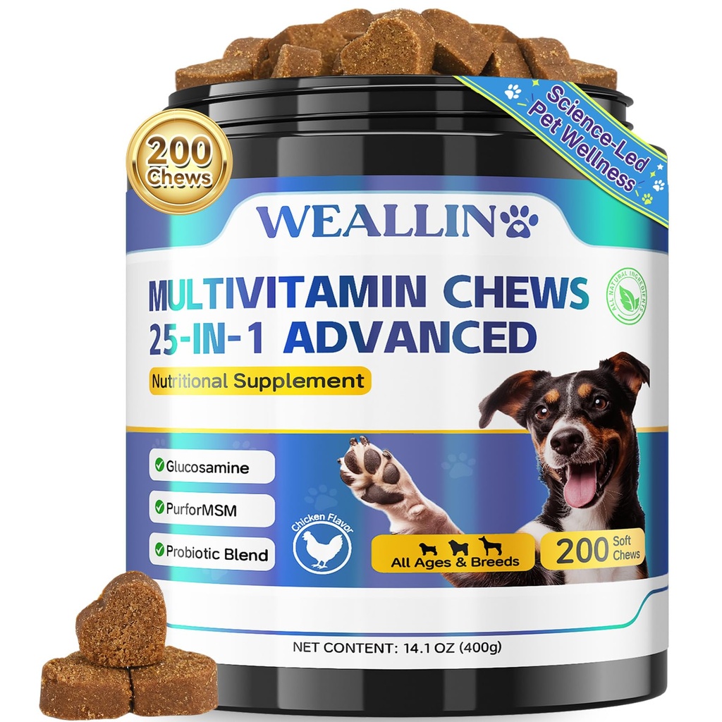 Psie vitamíny - 25-v-1 Pes Vitamíny a doplnky Multivitamín s glukozamín Probiotiká Omega-3 Puppy Multivitamín Chewable for Coat, Heart, HIPS & Joints, Digestion & Immune System 200ks