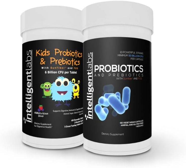 Inteligentné laboratóriá 2-v-1 Bundle of Kids Probiotiká (6 miliárd CFU so slnečným žiarením a FOS) + dospelé probiotiká (50 miliárd CFU, 10 kmeňov), bez chladničky potrebné, 2 mesiace dodávky na fľašu