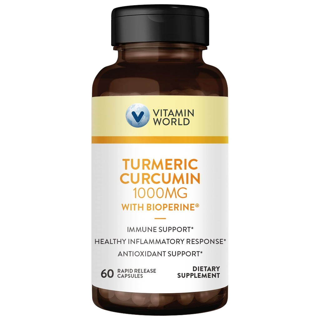 Vitamín World Turmeric Curcumin 1000mg, BioPine Black Pepper Extract for Better Absorbtion, 95% Curcuminoids, Turmerica Supplement for Antioxidant & Joint Support, Gluten-Free, 60 Kapsule