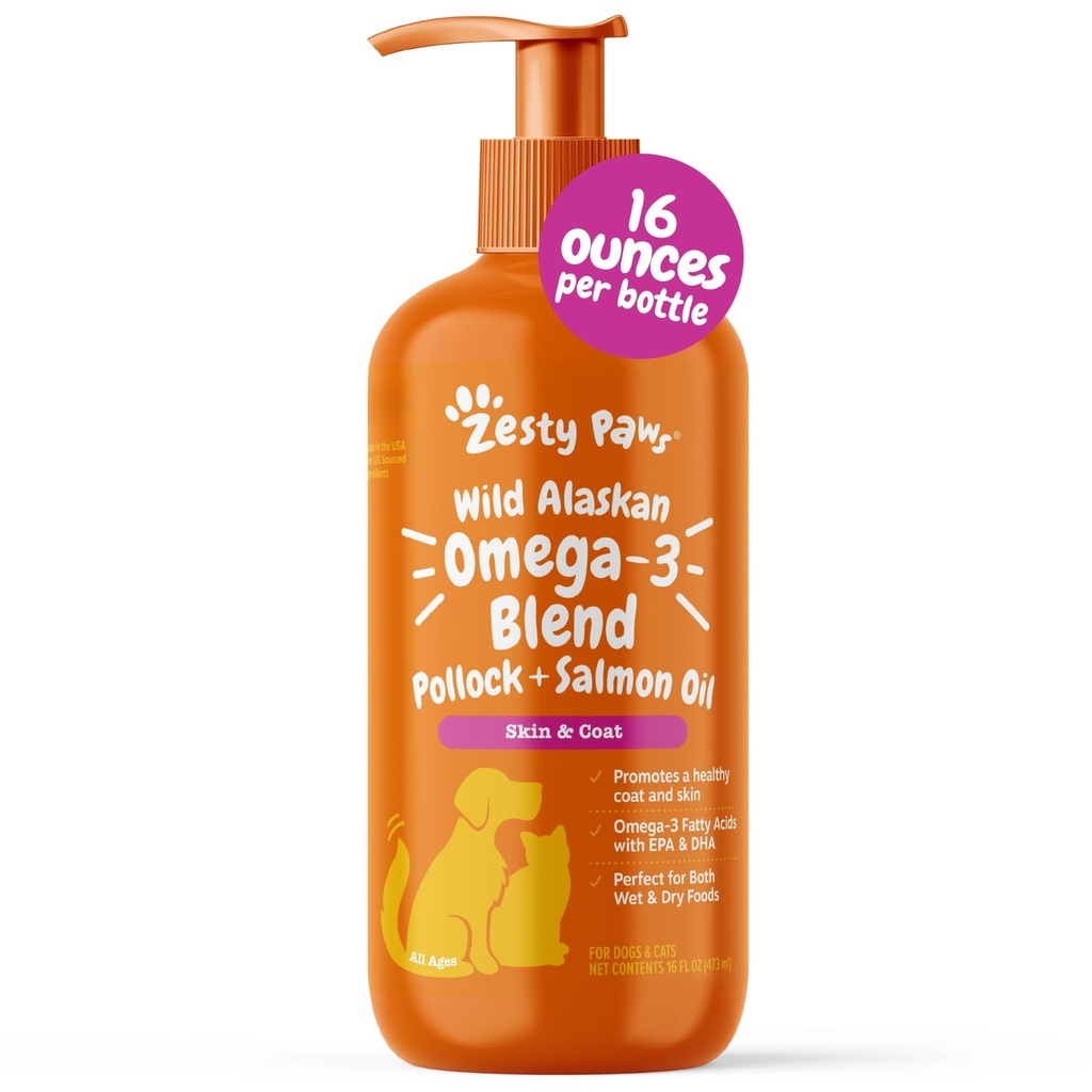 Zesty Paws Wild Aljašský Omega-3 Blend Pollock + Lososový olej pre psy a mačky- Skin and Coat Support, Omega 3 Supplement for Pets, 16oz
