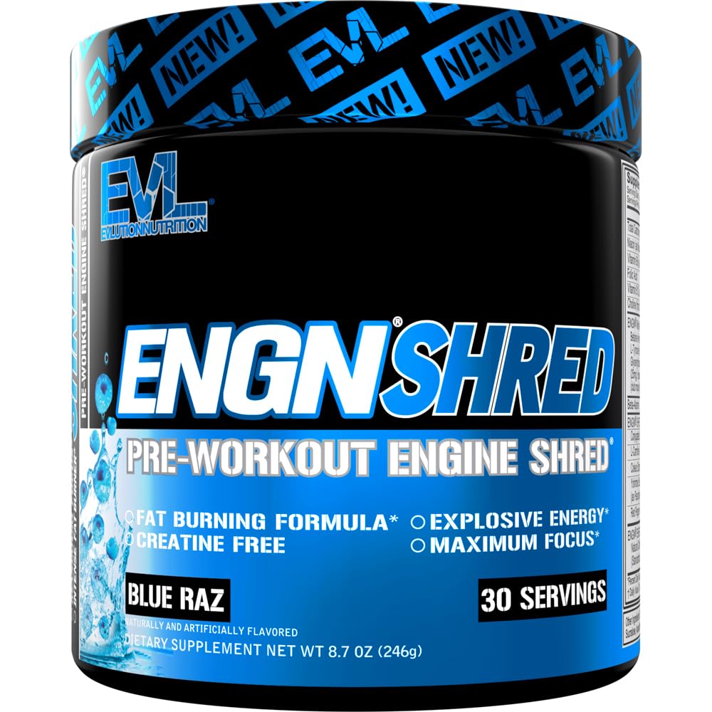 EVL Ultimate pred tréningom Powder - Termogénny Fat Burn Podpora Predworkout Powder Drink pre trvalú energiu Focus a výdrž - ENGN Shred Intense Creatin Free Preworkout Drink Mix - Blue Raz