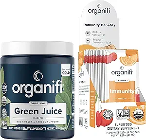 Organizačná zelená šťava Superpotravinársky prášok (30 porcií) a Imunitný nápoj Mix (14 balíčkov) Vitamín C, vitamín D, zinok, detoxikácia čistenie, úľava od stresu a imunita podpora - Gluten Free, Vegan, celé jedlo