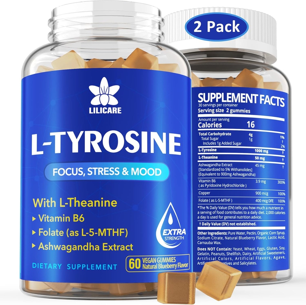 L Tyrosine Gummies 1100mg Mood Support Blend, with Ashwagandha, L-theanine, Vitamín B Complex B6, Folate (vitamín B9), Focus & Memory, Cognition & Brain Function, Energy Boost, Stress Support, 2Pc/120ct