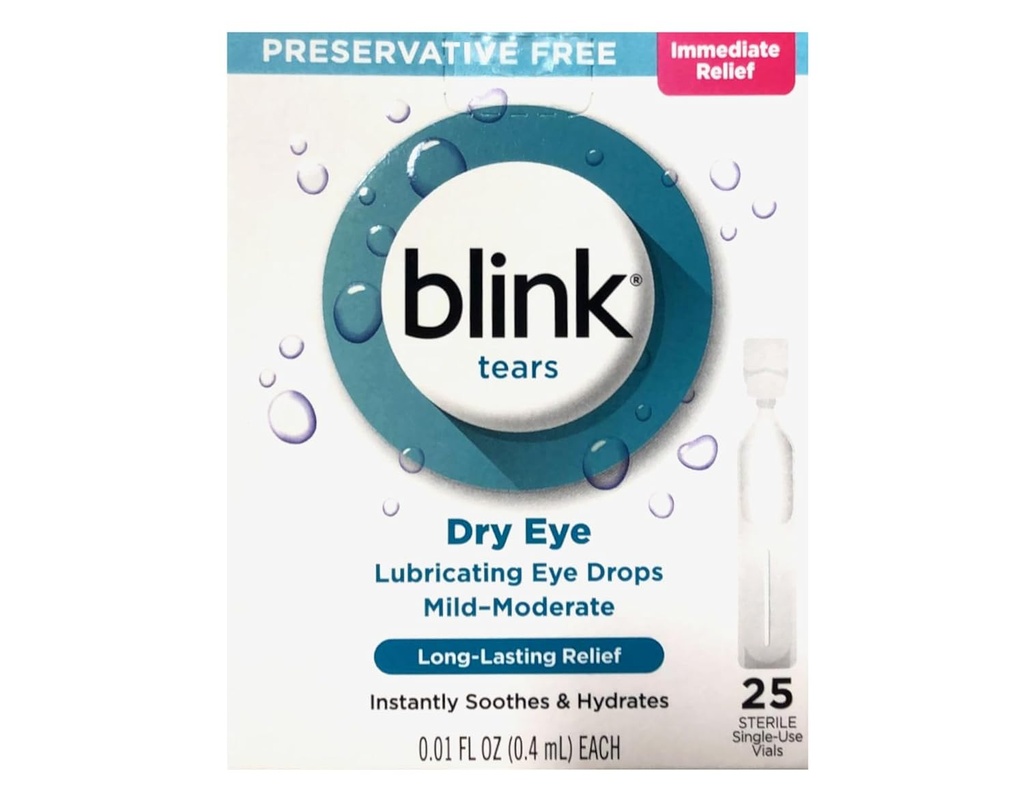 BLINK Tears Eye Drops for Dry Eyes, Conservative Free Mazing Eye Drops, Sterile Single Use Vials, Gentle Eye Care for Mild to Medium Dry Eye Symptom Relief, 25 Gróf, 0,01 fl oz Injekčné liekovky