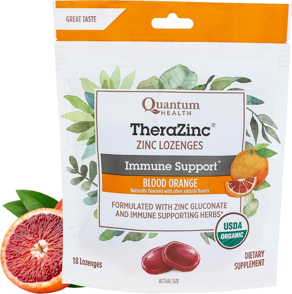 Quantum Health TheraZinc Organic Zinok Lozenges Echinacea a Honey Immune Support for Adults & Kids 12+ Prirodzene ochutená krv oranžová rýchla úľava bez dochuť - 18 Počet