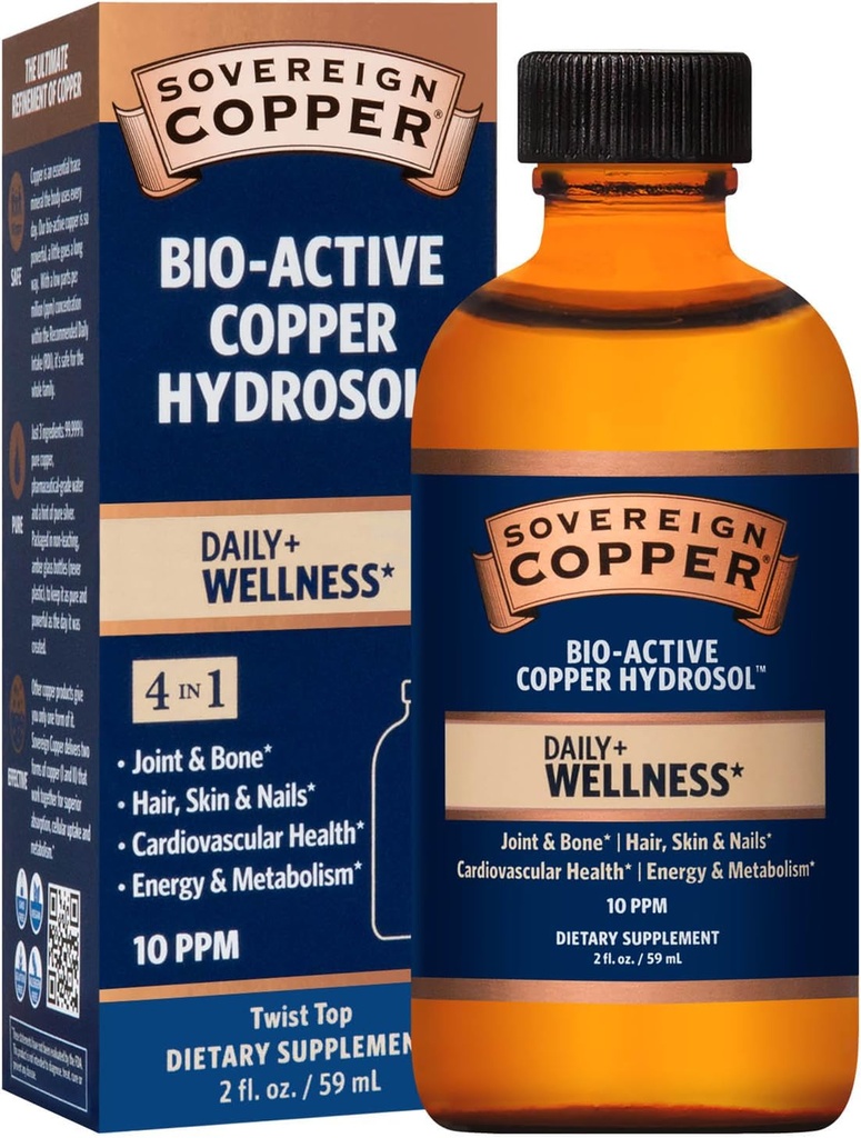 Sovereign Copper Professional 4-in-1 Wellness Support, Joint & Bone, Hair, Skin & Nails, Kardiovaskulárne zdravie & Energy, Bio-Active Copper Hydrosol, 30 ppm, Liquid Twist Top, 2 Fl Oz (59 ml)