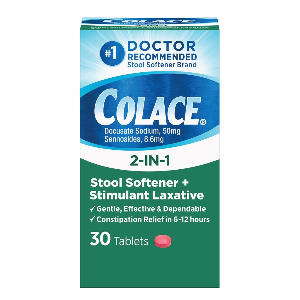 Colace 2- In-1 Stool Zmäkčovadlo a stimulant Preháňadlo Tablety, nežná zápcha Relief 6-12 hodín, 30 Počet