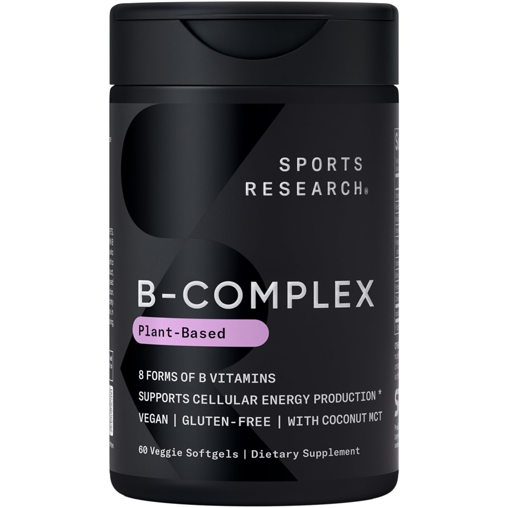 Športový výskum® Vitamín B-komplex - Full Spectrum of B Vitamíny s Metylated B12 & Folát - bezlepok · Plant-Based · Non-GMO · Vegan-Priateľne Formula - 60 Veggie Softgels