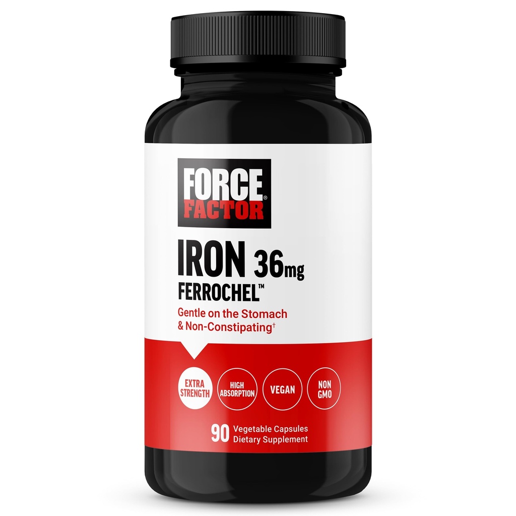 Force Factor, Iron Supplement for Women and Men, Non-Constipation, Gentle on The Žalúdok, Železo Bisglycinát 36 mg, 90 Rastlinné kapsuly