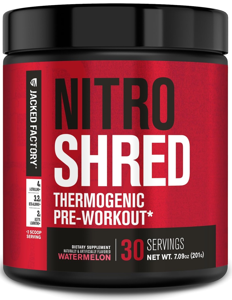 Jacked Factory NITROSURGE Shred Pre Cvičenie doplnok - Energy Booster, Instant Strength Zisky, Sharp Focus, Výkonné čerpadlá - Posilňovač oxidu dusnatého a preWorkout Powder - 30Sv, Vodný melón