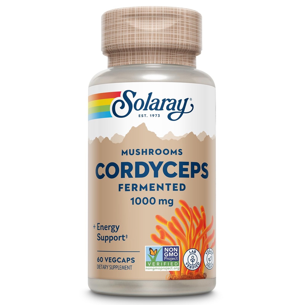 SOLARAY Fermented Cordyceps Mushroom 1000 mg - Zdravá energetická podpora - Fermentované pre zvýšenú absorpciu - Vegan, Non-GMO, Lab Overené - 30 Servings, 60 VegCaps