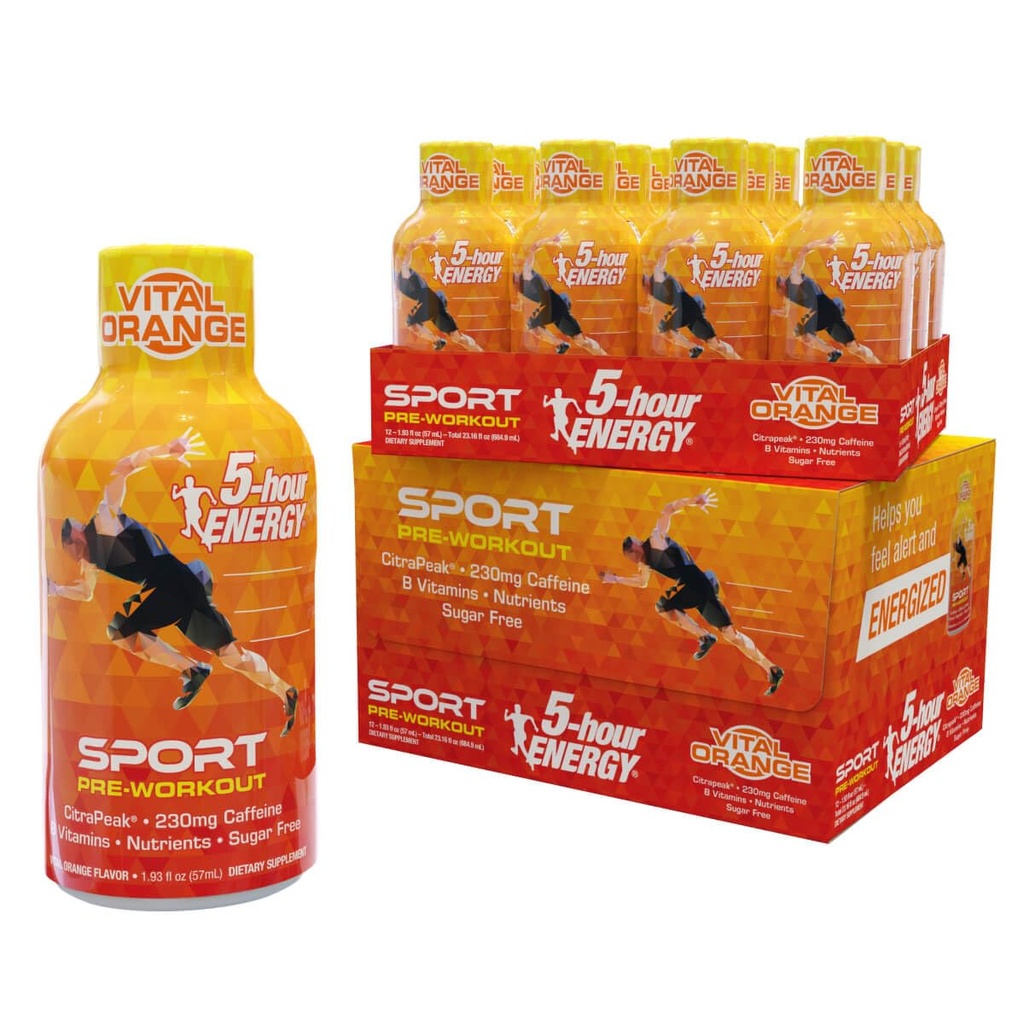 5-hodinová energia Extra sila Šport Shots s Citrapeak, Vital Orange Flavor, Pre-Workout, 24 gróf (1,93 fl oz)