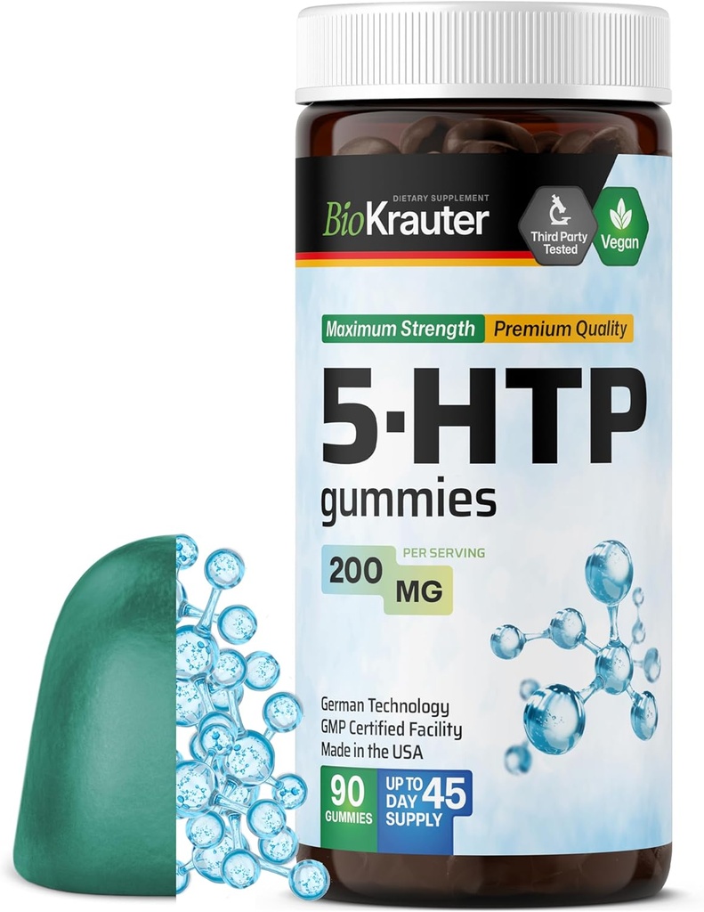 BIO KRAUTER 5 HTP Supplement Gummies - 200 mg Sila - 90 Vegan Chews - Relaxačná podpora 5HTP Plus L Tryptophan Supplement - Pektínová formula