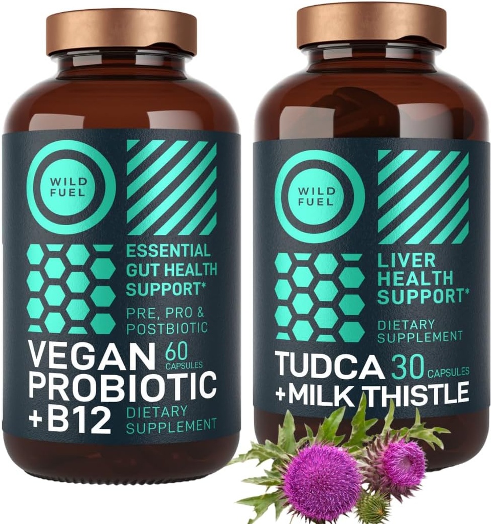 WILD PALIVO TUDCA s mliekom Thistle Supplement a Vegan Probiotic Plus B12 Všeobecné čistenie pečene a Gut Health Bundle