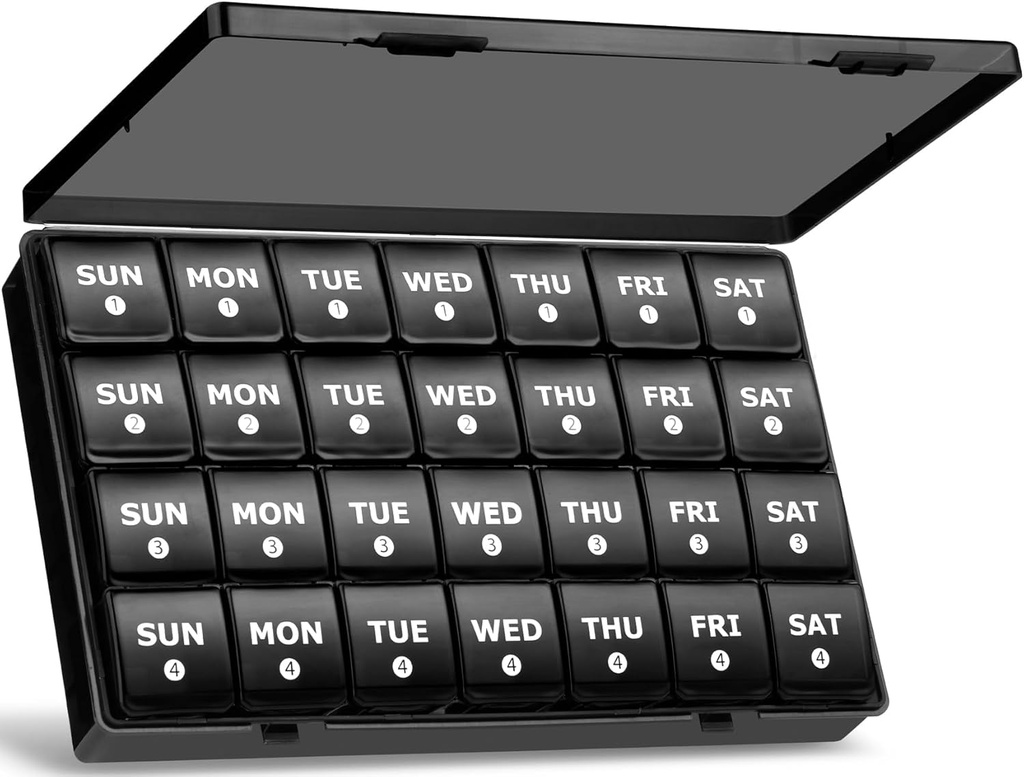 Large Monthly Pill Organizer, XL 4 Weeks Pill Box,28 Day Pill Cases Organizerd by Week,Big Compartment Pill Container with Dust-Proof,for Pills/Vitamin/Fish Oil/Supplements,by Yaklim (Black)