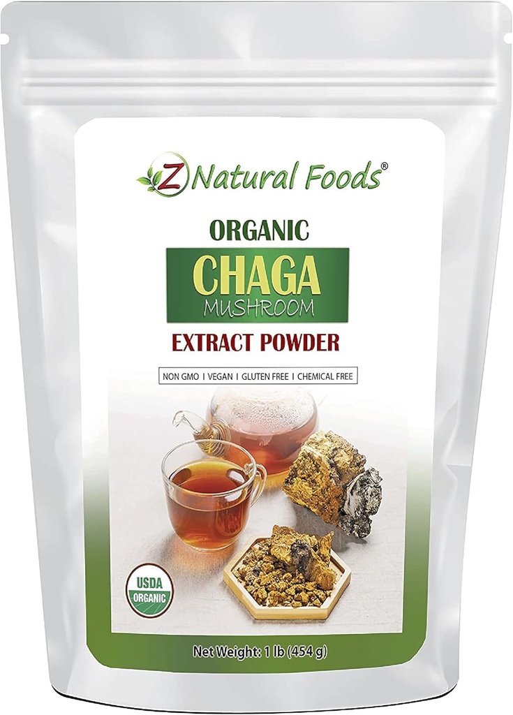 Z Natural Foods Organic Chaga Mushroom Extract Powder, Concentrated Premium Mushroom Extract for Support Immune Health, Energize Your Morning by Adding it to Coffee and Tea, 1 LB
