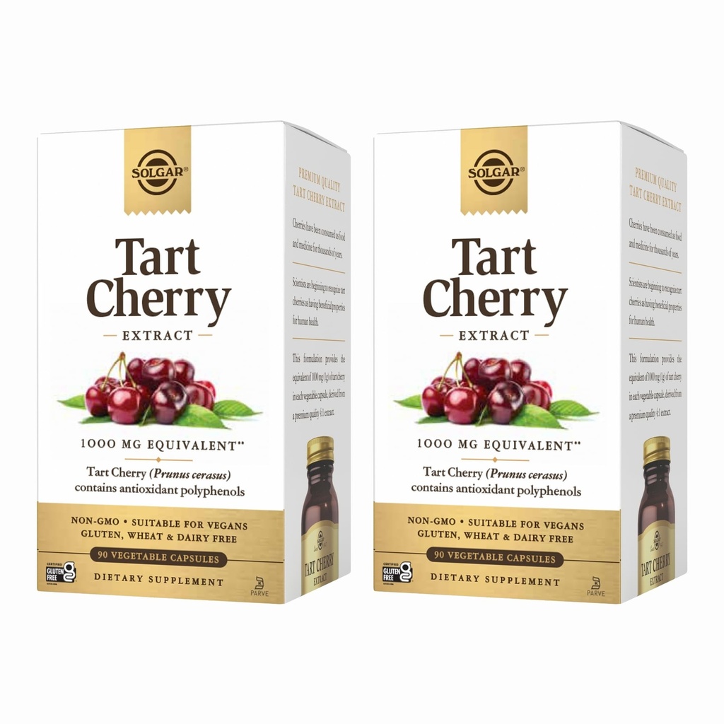 Solgar Tart Cherry 1000 mg, 90 Rastlinné kapsuly (Pack of 2) - Antioxidant s Quercetin, Chlórogénne kyseliny a antokyaníny Zlúčeniny - Non-GMO, Vegan, Gluten Free, Dairy Free - 180 Celkové služby