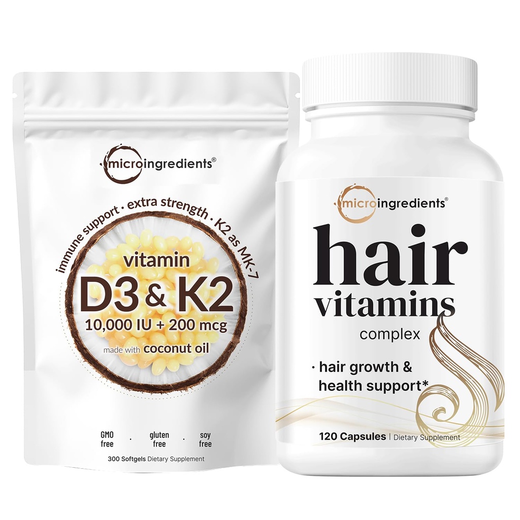 Micro Ingrediencie Vitamín D3 10 000iu + K2 200mcg Kokosový olej Softgels & Hair Vitamíny Complex Kapsule Bundle 2 Pack 