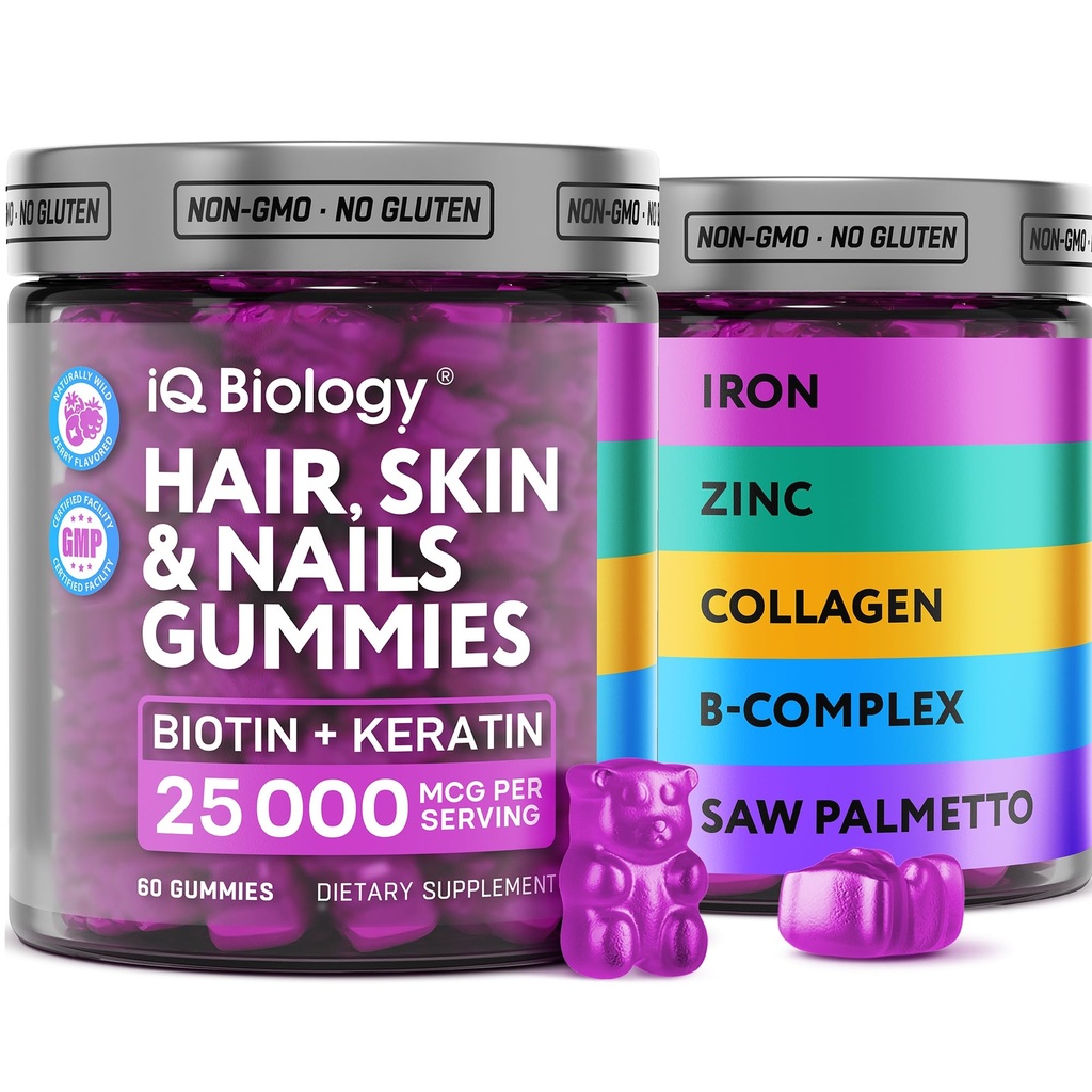 Biotín Gummy pre vlasy, pokožku a nechty - Rast vlasov Vitamíny pre ženy a mužov - Strata vlasov Gummy doplnok s extra silou biotín (vitamín B7), kolagén, keratín & DHT blokátor, 60 Žuvacie medvede