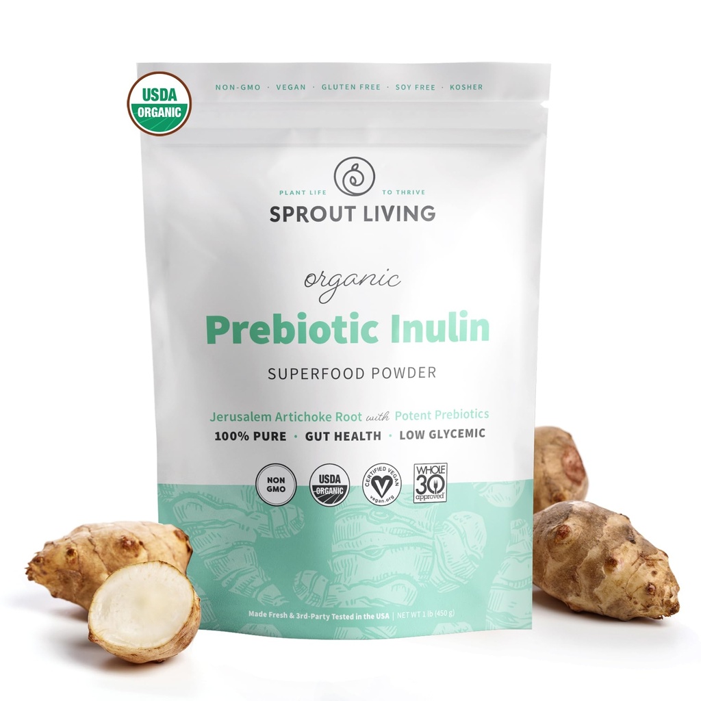 Organický inulín s FOS Prebiotický prášok, Rozpustné vlákno pre leaky Gut, Bloating, Trávenie, Krmivo Friendly Baktérie (Probiotiká), 1 Scoop Daily, 1 lb (90 Servings)