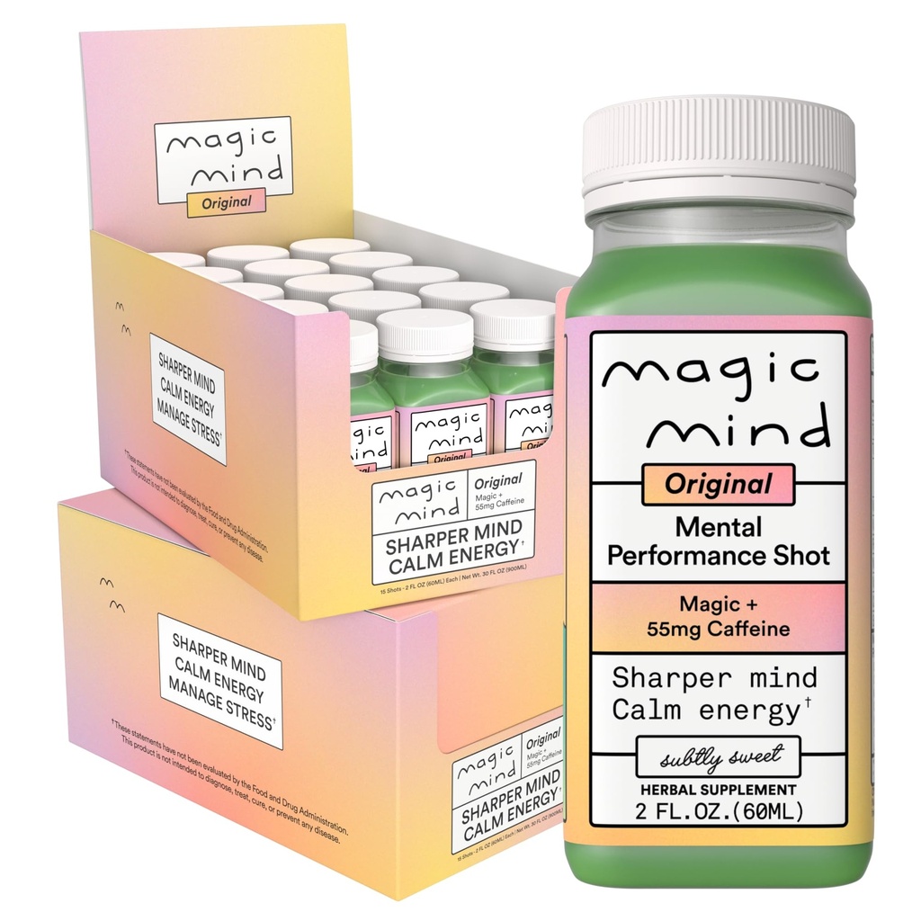 Magic Mind Focus Energy Drink Shots - žiadne nervy, stres Relieving, Ashwagandha, Funkčné huby, matcha zelený čaj, vitamín B12, vitamín C - 2 FL Oz (30 balenie)
