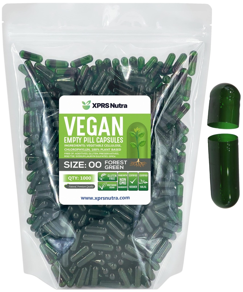 XPRS Nutra Veľkosť 00 prázdne kapsule - 1000 Počet prázdnych vegánskych kapsúl - Vegetariánske prázdne tabletky - DIY Rastlinné kapsule Plnenie - Veggie pilulky (forest zelená)