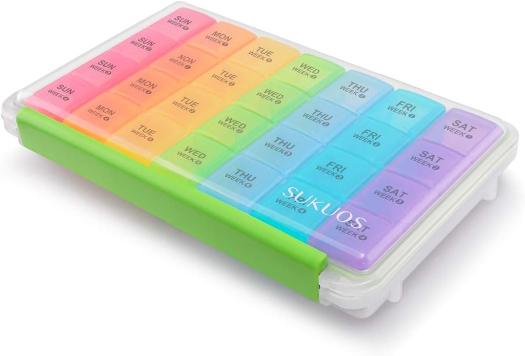 Sukuos Mesačné pilulky Organizátor 28 deň, Veľká vlhkosť-rezistentné pilulky Box Prípady s prach-proof Box a jasné vidlo pre vitamín / rybí olej / Doplnky, ľahko otvoriť a čisté