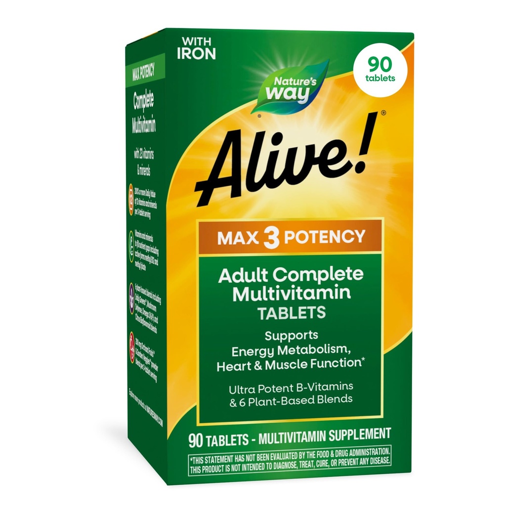 Príroda žije! Max3 Potency Daily Multivitamín, Metylated B12 and Folát, Ultra Potency B-vitamíny na podporu energetického metabolizmu*, 90 tabliet