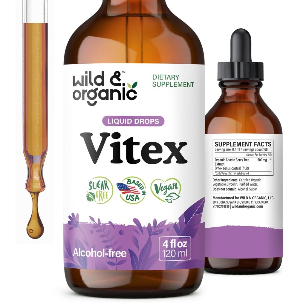 Wild & Organic Vitex Tinture - Vitex Chasteberry Supplement for Women - Liquid Chaste Tree Berry Extract for Good Mood - Vegan, Cukor & Alkohol-Free Herb Drops - 4 fl oz