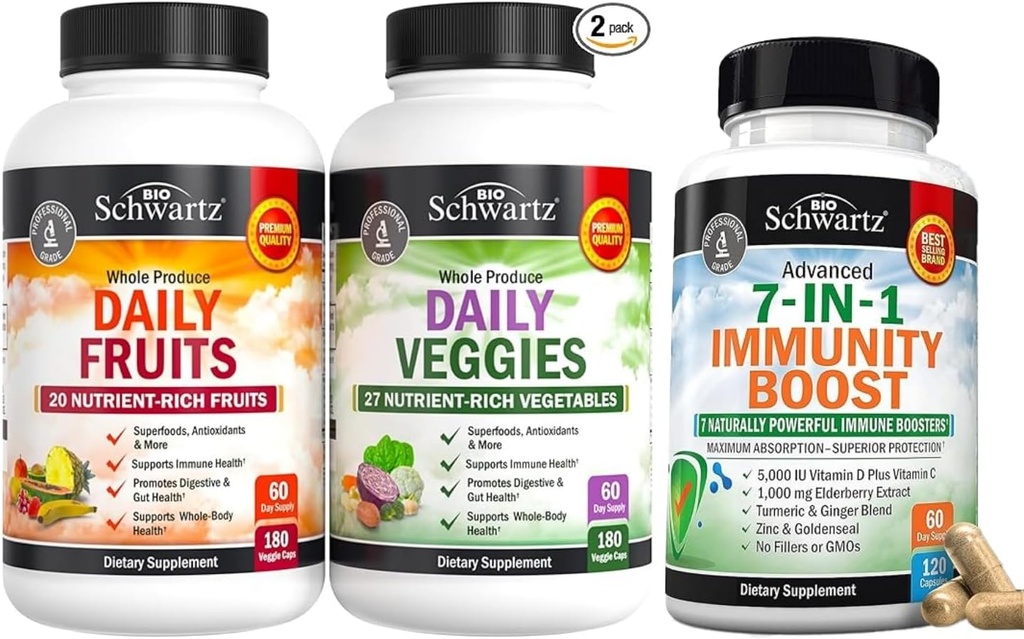 BioSchwartz Daily Fruits and Veggies Supplement for Women and Men (2 Month Supply) Plus 7 in 1 Immune Suplement with Antioxidants (2 Month Supply)